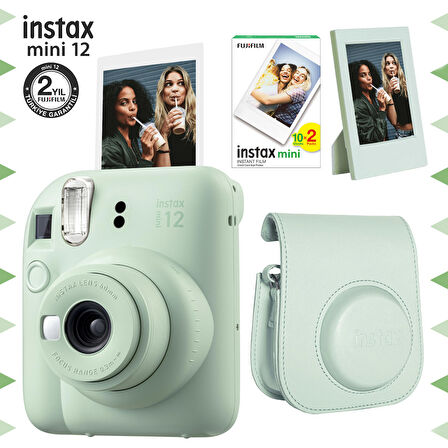 Instax mini 12 Yeşil Fotoğraf Makinesi-20'li Film-Çerçeve ve Deri Kılıf Seti