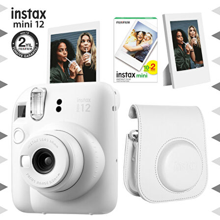 Instax mini 12 Beyaz Fotoğraf Makinesi-20'li Film-Çerçeve ve Deri Kılıf Seti