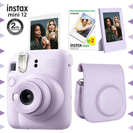 Instax mini 12 Lila Fotoğraf Makinesi-20'li Film-Çerçeve ve Deri Kılıf Seti