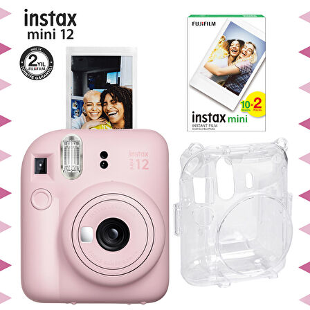 Instax mini 12 Pembe Fotoğraf Makinesi-20'li Film ve Şeffaf Kılıf Seti