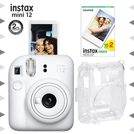 Instax mini 12 Beyaz Fotoğraf Makinesi-20'li Film ve Şeffaf Kılıf Seti