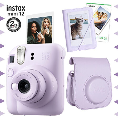 Instax mini 12 Lila Fotoğraf Makinesi-10'lu Film-Mini Albüm ve Deri Kılıf Seti