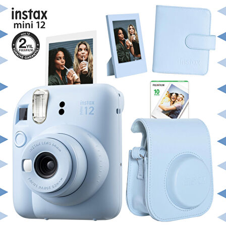 Instax mini 12 Mavi Fotoğraf Makinesi-10'lu Film-Çerçeve-Kare Albüm ve Deri Kılıf Seti