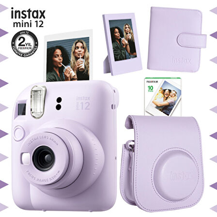 Instax mini 12 Lila Fotoğraf Makinesi-10'lu Film-Çerçeve-Kare Albüm ve Deri Kılıf Seti