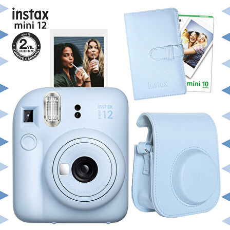 Instax mini 12 Mavi Fotoğraf Makinesi-10'lu Film-Laporta Albüm ve Deri Kılıf Seti