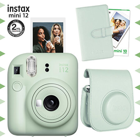 Instax mini 12 Yeşil Fotoğraf Makinesi-10'lu Film-Laporta Albüm ve Deri Kılıf Seti