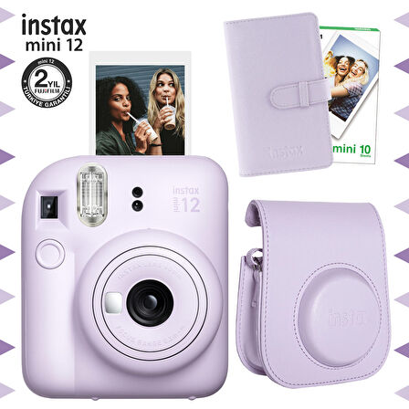 Instax mini 12 Lila Fotoğraf Makinesi-10'lu Film-Laporta Albüm ve Deri Kılıf Seti