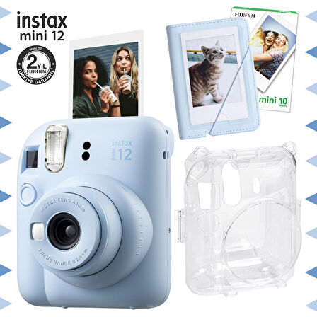 Instax mini 12 Mavi Fotoğraf Makinesi-10'lu Film-Mini Albüm ve Şeffaf Kılıf Seti