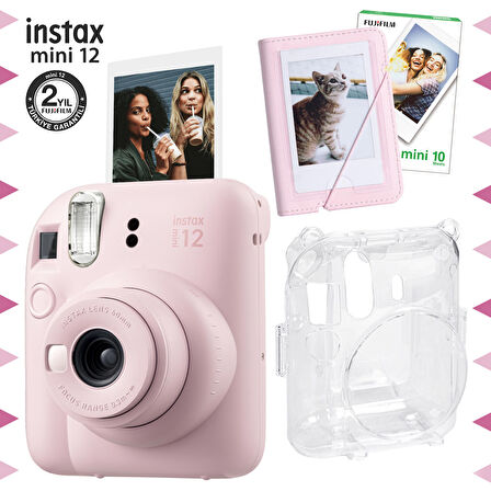 Instax mini 12 Pembe Fotoğraf Makinesi-10'lu Film-Mini Albüm ve Şeffaf Kılıf Seti