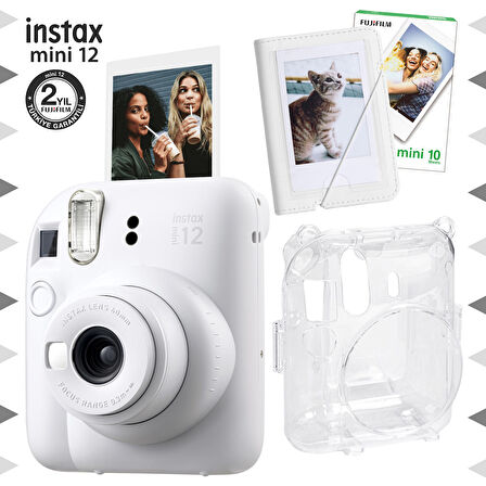 Instax mini 12 Beyaz Fotoğraf Makinesi-10'lu Film-Mini Albüm ve Şeffaf Kılıf Seti