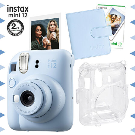 Instax mini 12 Mavi Fotoğraf Makinesi-10'lu Film-Kare Albüm ve Şeffaf Kılıf Seti