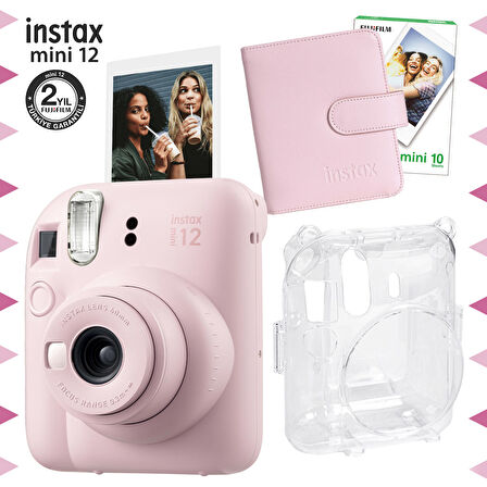 Instax mini 12 Pembe Fotoğraf Makinesi-10'lu Film-Kare Albüm ve Şeffaf Kılıf Seti
