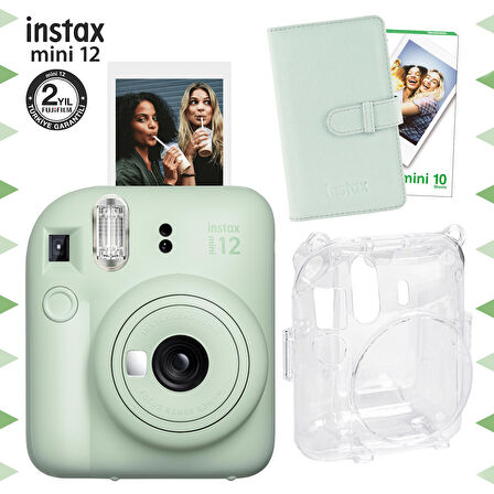 Instax mini 12 Yeşil Fotoğraf Makinesi-10'lu Film-Laporta Albüm ve Şeffaf Kılıf Seti