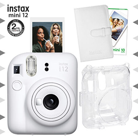 Instax mini 12 Beyaz Fotoğraf Makinesi-10'lu Film-Laporta Albüm ve Şeffaf Kılıf Seti