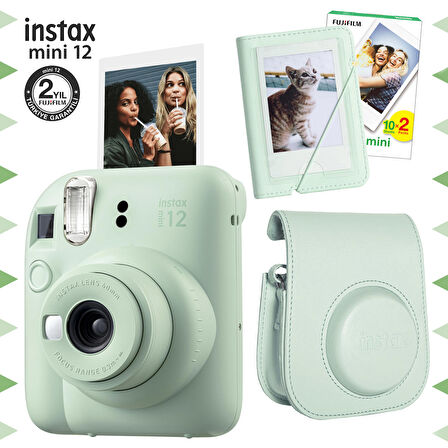 Instax mini 12 Yeşil Fotoğraf Makinesi-20'lu Film-Mini Albüm ve Deri Kılıf Seti-FOTSI197-S4-20-MA-DK