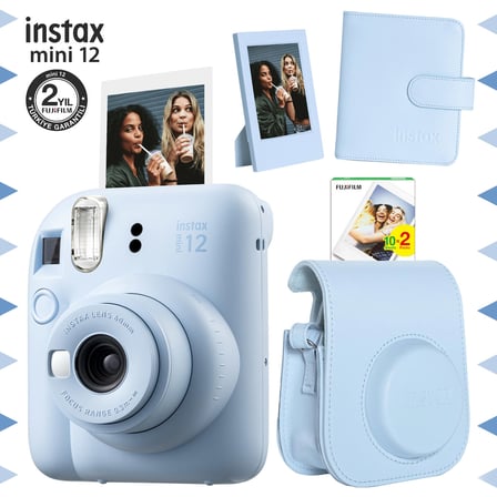 Instax mini 12 Mavi Fotoğraf Makinesi-20'li Film-Çerçeve-Kare Albüm ve Deri Kılıf Seti