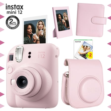 Instax mini 12 Pembe Fotoğraf Makinesi-20'lİ Film-Çerçeve-Kare Albüm ve Deri Kılıf Seti