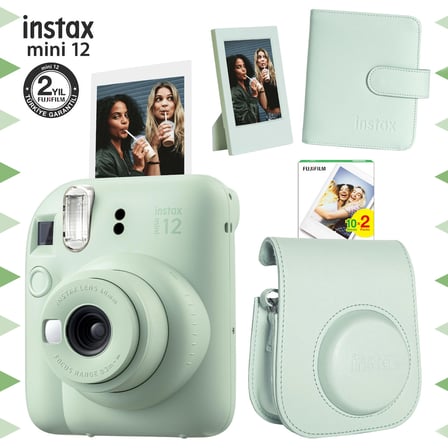 Instax mini 12 Yeşil Fotoğraf Makinesi-20'li Film-Çerçeve-Kare Albüm ve Deri Kılıf Seti