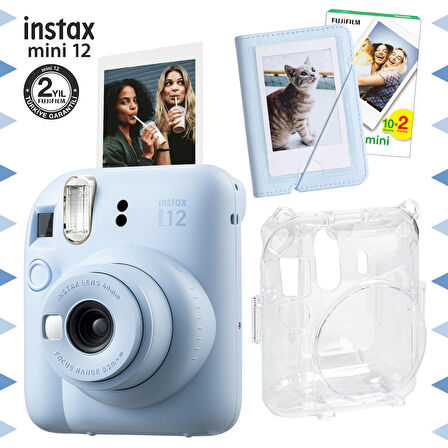 Instax mini 12 Mavi Fotoğraf Makinesi-20'li Film-Mini Albüm ve Şeffaf Kılıf Seti