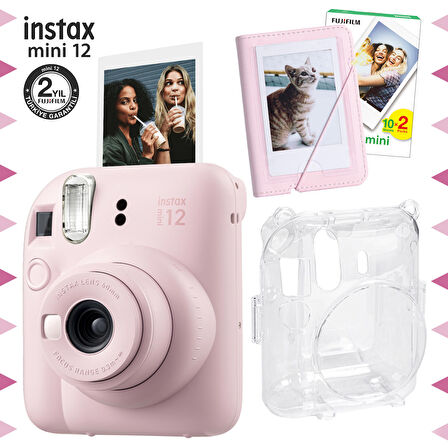 Instax mini 12 Pembe Fotoğraf Makinesi-20'li Film-Mini Albüm ve Şeffaf Kılıf Seti