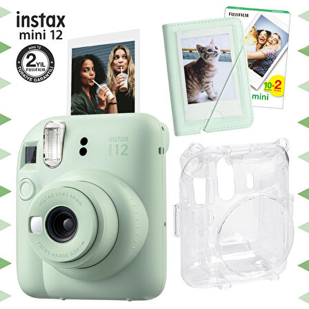 Instax mini 12 Yeşil Fotoğraf Makinesi-20'li Film-Mini Albüm ve Şeffaf Kılıf Seti