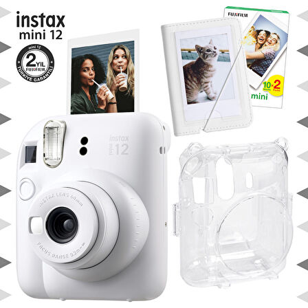 Instax mini 12 Beyaz Fotoğraf Makinesi-20'li Film-Mini Albüm ve Şeffaf Kılıf Seti