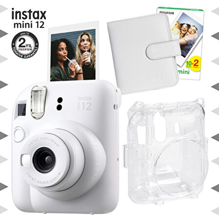 Instax mini 12 Beyaz Fotoğraf Makinesi-20'lu Film-Kare Albüm ve Şeffaf Kılıf Seti