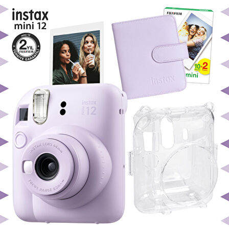 Instax mini 12 Lila Fotoğraf Makinesi-20'lu Film-Kare Albüm ve Şeffaf Kılıf Seti
