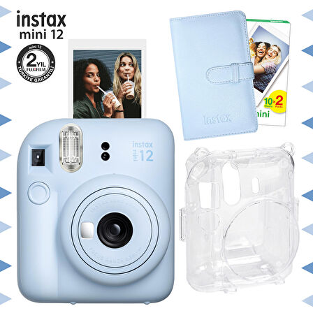 Instax mini 12 Mavi Fotoğraf Makinesi-20'lu Film-Laporta Albüm ve Şeffaf Kılıf Seti