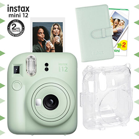 Instax mini 12 Yeşil Fotoğraf Makinesi-20'lu Film-Laporta Albüm ve Şeffaf Kılıf Seti