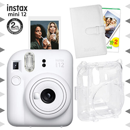 Instax mini 12 Beyaz Fotoğraf Makinesi-20'lu Film-Laporta Albüm ve Şeffaf Kılıf Seti