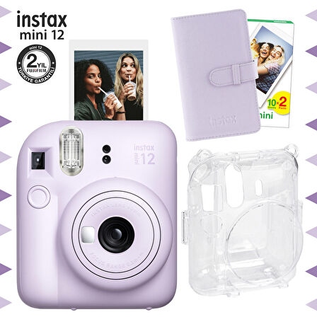 Instax mini 12 Lila Fotoğraf Makinesi-20'lu Film-Laporta Albüm ve Şeffaf Kılıf Seti