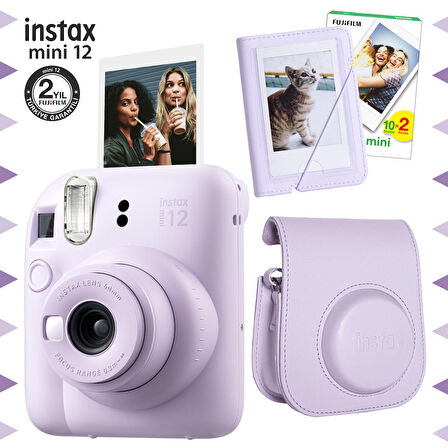 Instax mini 12 Lila Fotoğraf Makinesi-20'lu Film-Mini Albüm ve Deri Kılıf Seti