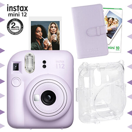 Instax mini 12 Lila Fotoğraf Makinesi-10'lu Film-Laporta Albüm ve Şeffaf Kılıf Seti