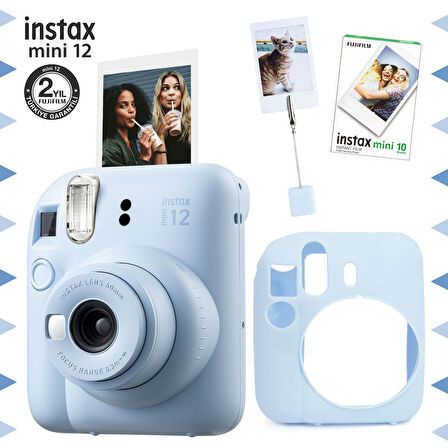 Instax mini 12 Mavi Fotoğraf Makinesi-10'lu Film-Kıskaçlı Resim Standı ve Silikon Kılıf Seti