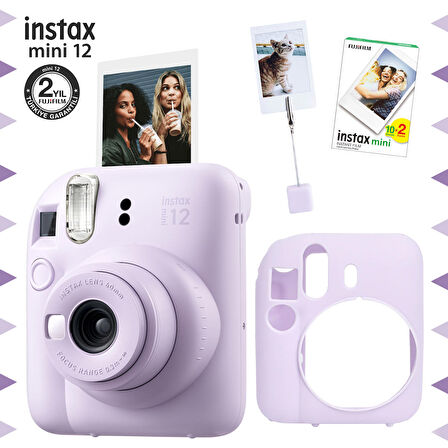 Instax mini 12 Lila Fotoğraf Makinesi-20'li Film-Kıskaçlı Resim Standı ve Silikon Kılıf Seti