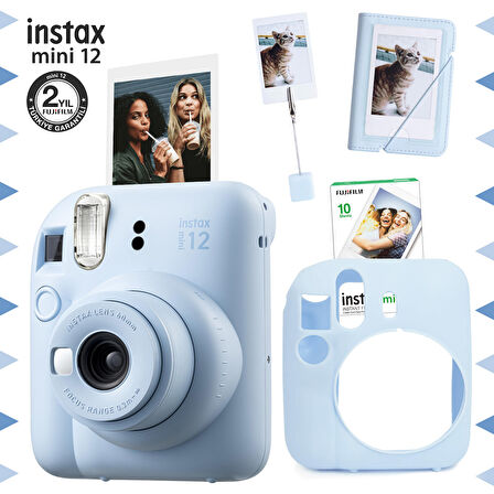 Instax mini 12 Mavi Fotoğraf Makinesi-10'lu Film-Kıskaçlı Stand-Mini Albüm ve Silikon Kılıf Seti