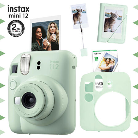 Instax mini 12 Yeşil Fotoğraf Makinesi-10'lu Film-Kıskaçlı Stand-Mini Albüm ve Silikon Kılıf Seti