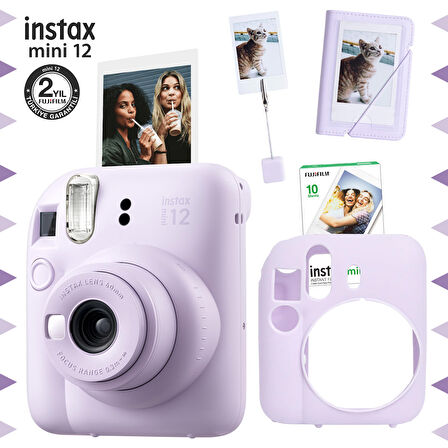 Instax mini 12 Lila Fotoğraf Makinesi-10'lu Film-Kıskaçlı Stand-Mini Albüm ve Silikon Kılıf Seti