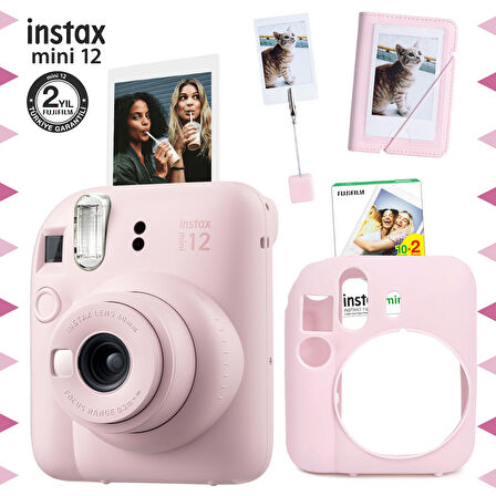 Instax mini 12 Pembe Fotoğraf Makinesi-20'li Film-Kıskaçlı Stand-Mini Albüm ve Silikon Kılıf Seti