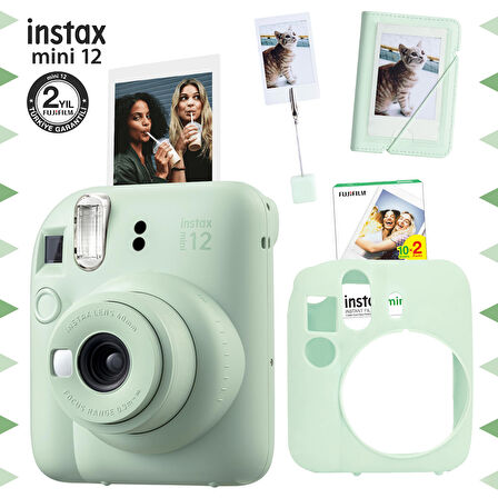 Instax mini 12 Yeşil Fotoğraf Makinesi-20'li Film-Kıskaçlı Stand-Mini Albüm ve Silikon Kılıf Seti