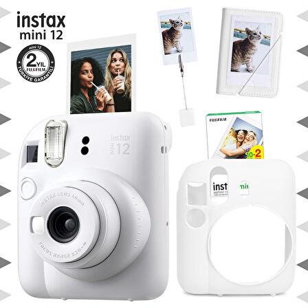 Instax mini 12 Beyaz Fotoğraf Makinesi-20'li Film-Kıskaçlı Stand-Mini Albüm ve Silikon Kılıf Seti