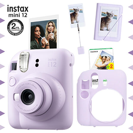 Instax mini 12 Lila Fotoğraf Makinesi-20'li Film-Kıskaçlı Stand-Mini Albüm ve Silikon Kılıf Seti