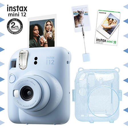 Instax mini 12 Mavi Fotoğraf Makinesi-10'lu Film-Kıskaçlı Resim Standı ve Simli Pleksi Kılıf Seti