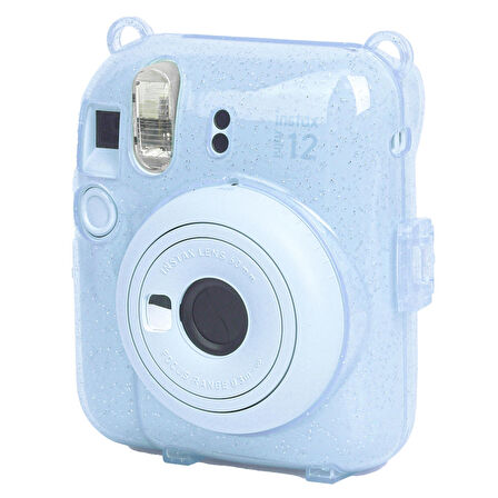 Instax mini 12 Mavi Fotoğraf Makinesi-10'lu Film-Kıskaçlı Resim Standı ve Simli Pleksi Kılıf Seti