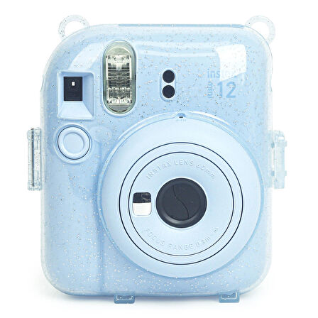 Instax mini 12 Mavi Fotoğraf Makinesi-10'lu Film-Kıskaçlı Resim Standı ve Simli Pleksi Kılıf Seti