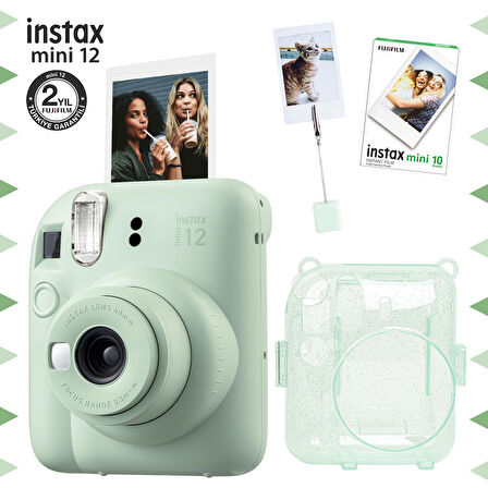 Instax mini 12 Yeşil Fotoğraf Makinesi-10'lu Film-Kıskaçlı Resim Standı ve Simli Pleksi Kılıf Seti