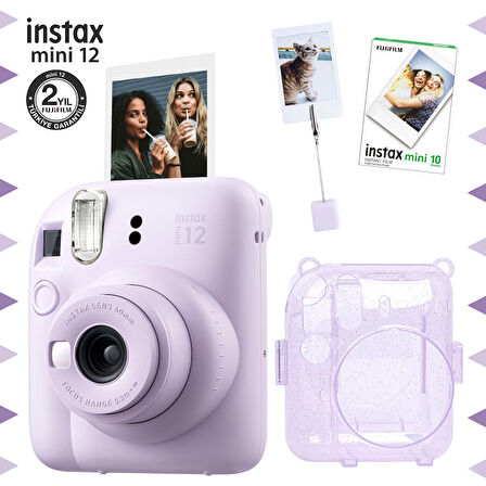 Instax mini 12 Lila Fotoğraf Makinesi-10'lu Film-Kıskaçlı Resim Standı ve Simli Pleksi Kılıf Seti