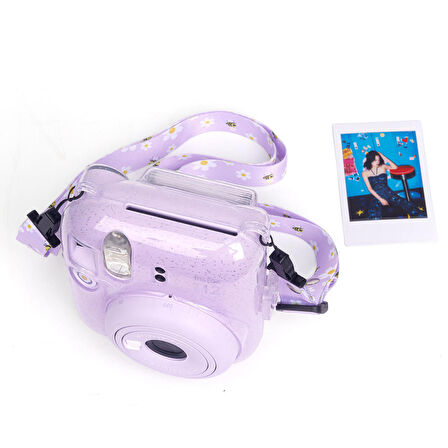 Instax mini 12 Lila Fotoğraf Makinesi-10'lu Film-Kıskaçlı Resim Standı ve Simli Pleksi Kılıf Seti