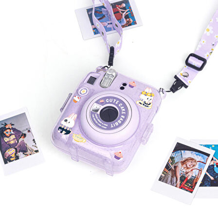 Instax mini 12 Lila Fotoğraf Makinesi-10'lu Film-Kıskaçlı Resim Standı ve Simli Pleksi Kılıf Seti